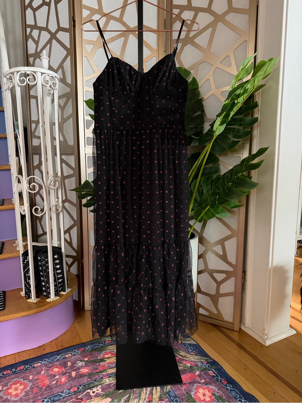 Betsey Johnson Black Swiss Dot Lip Print Mesh Midi Dress Size 12